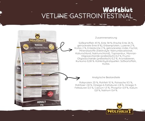 Wolfsblut Vetline Hundefutter - GASTROINTESTINAL, 2x2kg - Sparbundel, Sparpaket - inklusive Warnicks Tierfutterservice Hundesnack Goodie