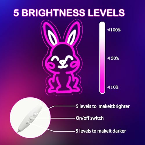 Image of Easter Rabbit Neon Sign for Wall Decor,Dimmable Led Pink Rabbit Neon Signs, USB Powered Rabbit Neon Lights for Children's Room Decoration, Easter Gifts, Birthday Parties Gift