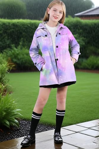 Betusline Girl's Hooded Rain Jackets Lightweight Print Waterproof Trench Coat Windbreaker Raincoats for Girls,2-14 Years3