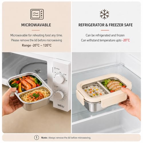 Image of YELONA 316L Stainless Steel 600ML Lunch Box for Kids & Adults | Leakproof Bento Box with 2 Compartments, Removable 4 Side Lock Lid | Microwave Safe Steel Tiffin Box for Office School Travel - Beige