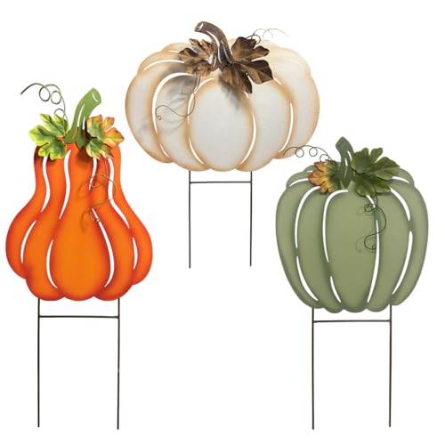 Fall Harvest Metal Pumpkin Garden Stakes Set of 3 Orange White Green Autumn Yard Decor
