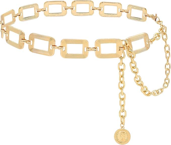 Women's Chain Belt Metal Waist Belt Chunky Belly Link Belt Metal Waist Chain Belt for Women Girls Square Chain Chunky Belts for Dresses Jeans（gold）