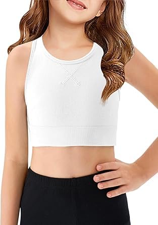 Haloumoning Mädchen Sport BHS Teens Unterwäsche U-förmiger Rücken Trainings Bustier Rundhals Bauchfrei Oberteile Yoga Ballett Tanz Bralette Top Weiß 11-12 Jahre
