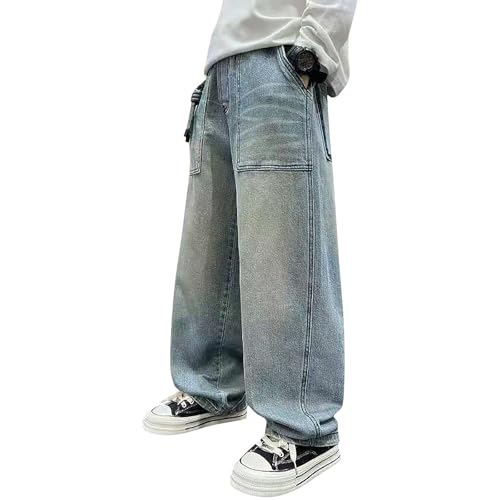 Boy's Hole Straight Leg Jeans, Loose Denim Pants with Pockets, Vintage Wide Leg Loose Jeans, Elastic Waist Casual Pants