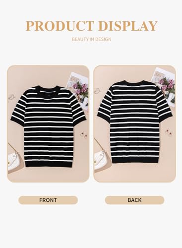 Image of Eytino Women Plus Size Sweater Tops Short Sleeve Crewneck Striped Tshirts Casual Summer Blouses Shirts(1X-5X)