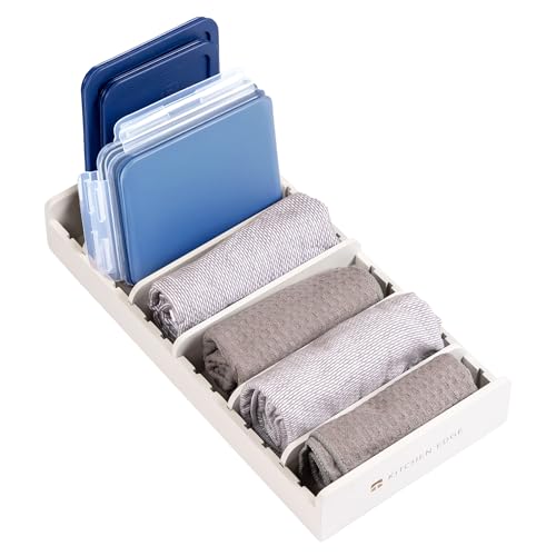KitchenEdge Bamboo Kitchen Towel and Food-Storage Organizer, Perfect for Kitchen Drawers, Cabinets, Pantry, 5 Adjustable Wall Inserts, Non-Slip Feet, Organize Food Containers, Food-Safe White Finish