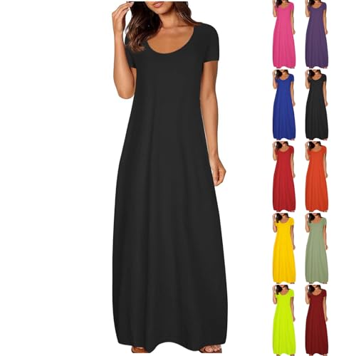 Maxi Dresses for Women UK Short Sleeve Summer Ladies Casual Long Dress Round Neck Plain Sundress Stretchy Loose Fit Plus Size Clothing