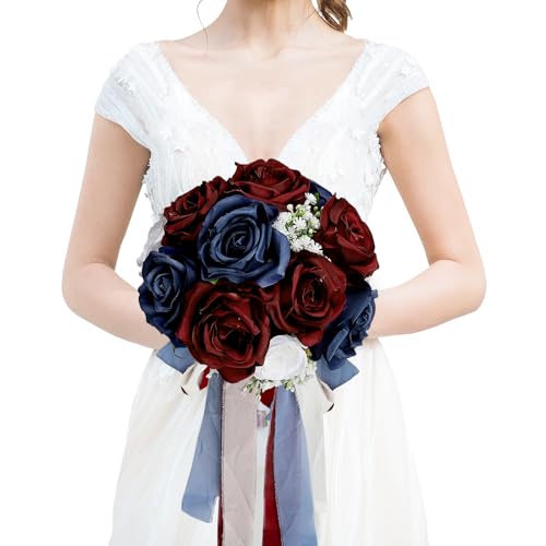 DIYDOFUN Wedding Bouquet for Bride - Premade Simple Artificial Roses Flowers for Bridal Shower Destination Ceremony Anniversary Decorations - Burgundy & Navy Blue