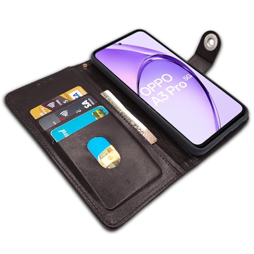 Image of Pikkme Flip Cover Leather Finish | Inside TPU with Card Pockets | Wallet Stand and Shock Proof | Complete Protection Button Flip Case for Oppo A3 Pro 5G (Coffee)