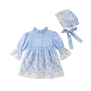 M9ppzzur7 Midi Robe de soirée à fille, 2 pièces à manches longues, col rond, robe en dentelle, princesse, Babyblue avec cordon de serrage doux décontracté 0-4 ans, robe + chapeau, A
