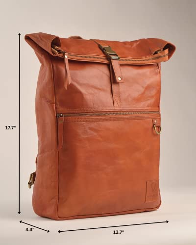 Volksy Bags Leather Backpack For Men & Women, Leather Backpack, Leather Laptop Backpack For Women & Men, Leather Bookbag, Brown Vintage Backpack Rucksack Roll Top Bag Pack For Work, Travel & Business #TOP2