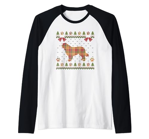Newfoundland Dog Red Plaid Dogs Maglione di Natale Brutto X-Mas Maglia con Maniche Raglan
