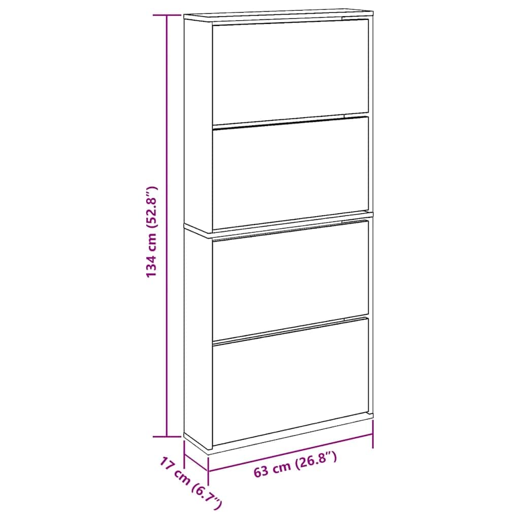 Szafka na buty z lustrem dębowym z 4 składanymi półkami, 63 x 17 x 134 cm, regał na buty, organizer do korytarza, korytarza, garderoby, zamknięta półka na buty, wąska, wysoka, możliwość