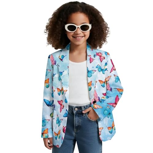 Ocxbuir Butterfly Girls Blazer Jacket One Button Fashion Long Sleeve Notched Collar Suit Coat with Pockets Kids Wedding Ring Bearer Outfit 6 Years