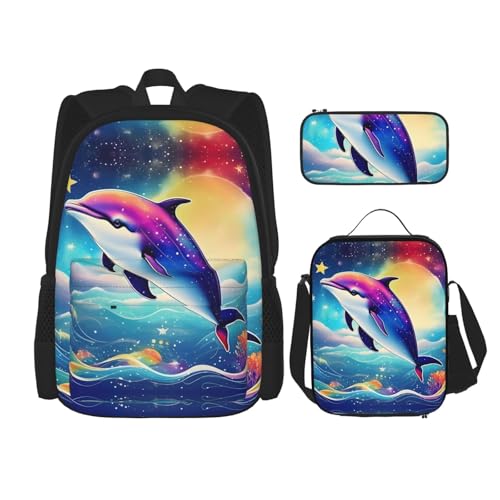 Colorful Starry Sky Ocean Dolphin 3-Piece Set Backpack, Lunch Bag, And Pencil Case, Casual Cute Sets For Travel And College