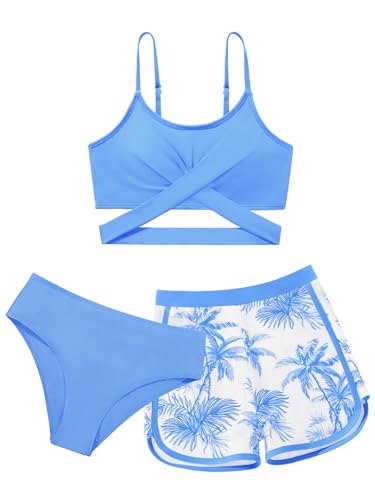 Image of Girl's 3 Piece Bikini Set Cross Strap Swimsuits for Girls Bathing Suit with Shorts Teen Swimwear Swimming Suit