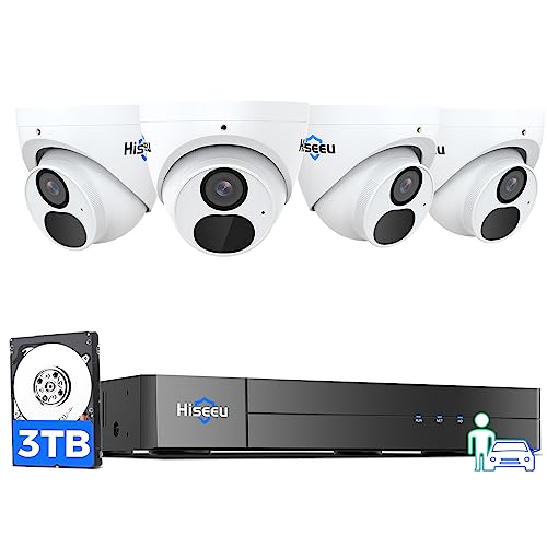 [4K HD +3TB HDD]Hiseeu 4K/8MP PoE Security Camera System Home Security System w/4pcs 4K IP Security Cameras Outdoor Person/Vehicle Detection Night Vision 4K 8CH H.265 NVR with 3TB HDD for 24/7 Record