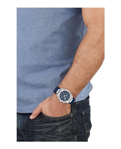 Tonneau Chrono Collection Luxury Mens Watch Timepiece with a Blue Strap Featuring a Silver Case and Blue Dial, Stainless Steel-SFUV001224