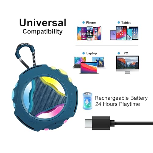 Image of Portable Bluetooth Speaker, IPX7 Waterproof Shower Speaker, Wireless Outdoor Speakers, Floating, Built-in Mic, 24H Playtime with LED Lights, Loud HD Sound, Powerful Bass, Gifts for Unisex - Blue