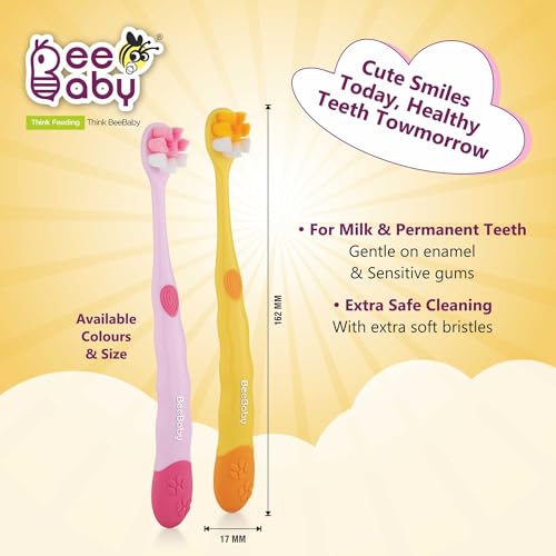 Image of BeeBaby Brush Buddy Toothbrush for Kids 3-6 Years, Long Handle for Easy Grip, 10 x Softer Tapered Bristles Ideal for Milk and Permanent Teeth, 100% BPA Free. Yellow & Pink. Pack of 2