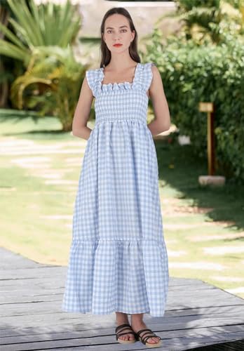 Image of chouyatou Women's Retro Plaid Smocked Dress Spaghetti Strap Flounce Long Dress