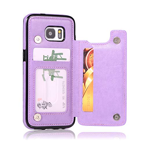 Phone Case For Samsung Galaxy S7 Edge With Tempered Glass Screen Protector Card Holder Wallet Cover Stand Flip Leather Cell Glaxay S7Edge Gaxaly S 7 Plus Galaxies Gs7 7S 7Edge Cases Women Girl Purple #TOP4