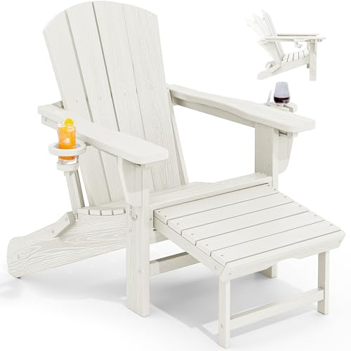 KINGYES Folding Adjustable Adirondack Chair with Ottoman & 2 Cup Holders, HDEP Multifunctional Adirondack Chair with Footrest, White