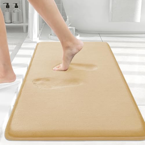 Image of Smiry Memory Foam Bath Mat 24x16, Extra Soft and Absorbent Bathroom Mats, Non Slip Washable Carpet for Floor, Shower and Tub, Beige