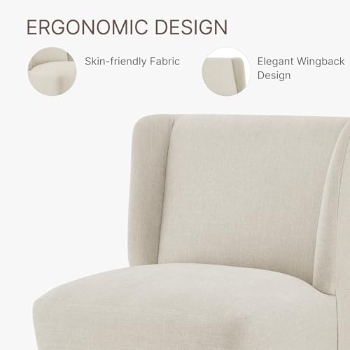 Image of KISLOT Upholstered Dining Chairs Set of 2 with Casters, Wingback Modern Side Armless Deskchair with Rollers for Diningroom Bedroom Livingroom Reading Room, Cream Beige Fabric