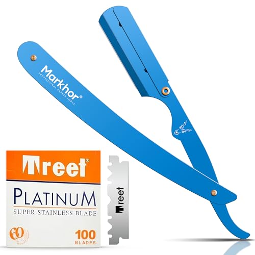 MARKHOR® Azul - Navaja Afeitar Profesional con 100 Cuchillas para hoja de barbero - Cuchilla de Afeitar Hombre Estilo Barbero Clásico - Kit de Afeitado Premium