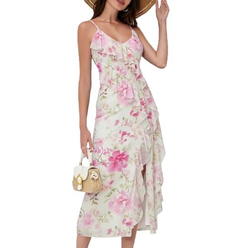 Image of Women's Spaghetti Strap Ruffle Side Split Long Dress Bodycon Beach Maxi Dresses
