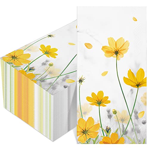 100 Pcs Floral Guest Napkins 3 Ply Yellow Flower Paper Napkins Floral Disposable Dinner Napkins Decorative Hand Towels for Wedding Bathroom Holiday Birthday Party Decor (Galsang Flower)