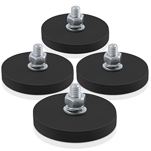 4Pcs Rubber Coated Magnets, 30LBS Bolt on Magnets with M6 Threaded Studs and Nuts, Strong Flag Neodymium Magnet Mount Base with Rubber Coating Non-Slip, Anti-Scratch for Light Bar and Add Mirrors