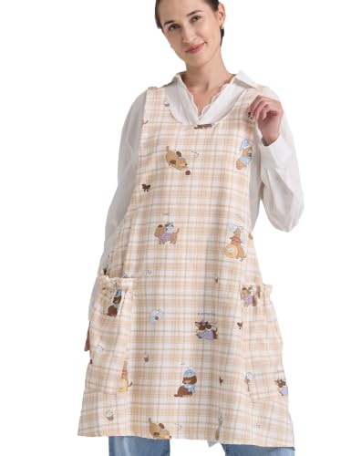 Image of Cozy Adjustable Cross Back Aprons for Women with Pockets Cotton Linen Cooking Kitchen Baking