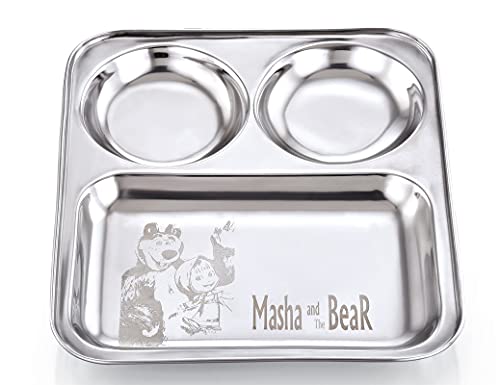 Image of Expresso Stainless Steel | Masha and the Bear Design | Sqaure Shape Dinner Plate with 2 Sections Divided Mess Trays for Kids Lunch, Camping & Every Day Use Kitchenware, Set of 1