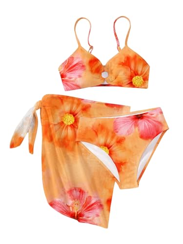 Image of RoseSeek Girls 3 Piece Bikini Set with Beach Skirt Floral Leopard O-Ring Padded Swimsuit for Teen Girls