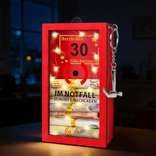 TUZELIYA LED Geldgeschenke 30. Geburtstag - 30 Geburtstag Frauen & Männer - Personalisierte Geschenke für Geld - Lustige Notfallbox Geschenke mit Hammer Reagenzgläser, goldene Schnur und Lichterkette