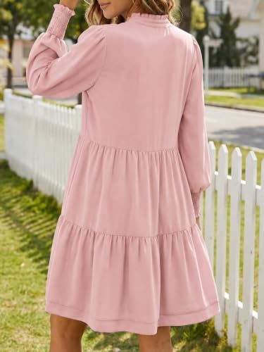 Image of Imily Bela Womens Fall Long Sleeve Tunic Dress Casual V Neck Tiered Dress | Loose,Swing,A-Line,Ruffled Collar,Puff Balloon Sleeve,Smocked Elastic Cuffs,Tiered Layered Ruffle Hem,Babydoll,Loose,Mini