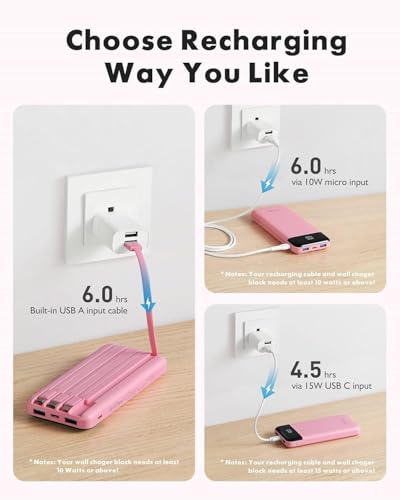 Image of charmast 10000mAh Portable Charger,Built-in 4 Cables,6 Outputs /3 Inputs,3A Fast Charging,Compatible with iPhone,iPad,Samsung,Pixel,LG