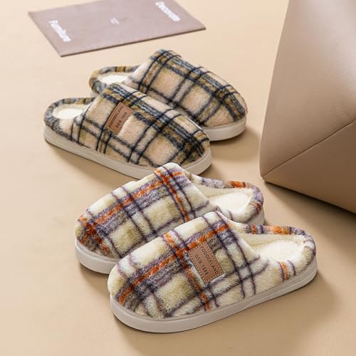 Women's Winter Indoor Fleece-Lined Slippers Thickened Warmth Vintage Check Cotton Slippers Non-Slip Soft-Soled Bedroom Slides3
