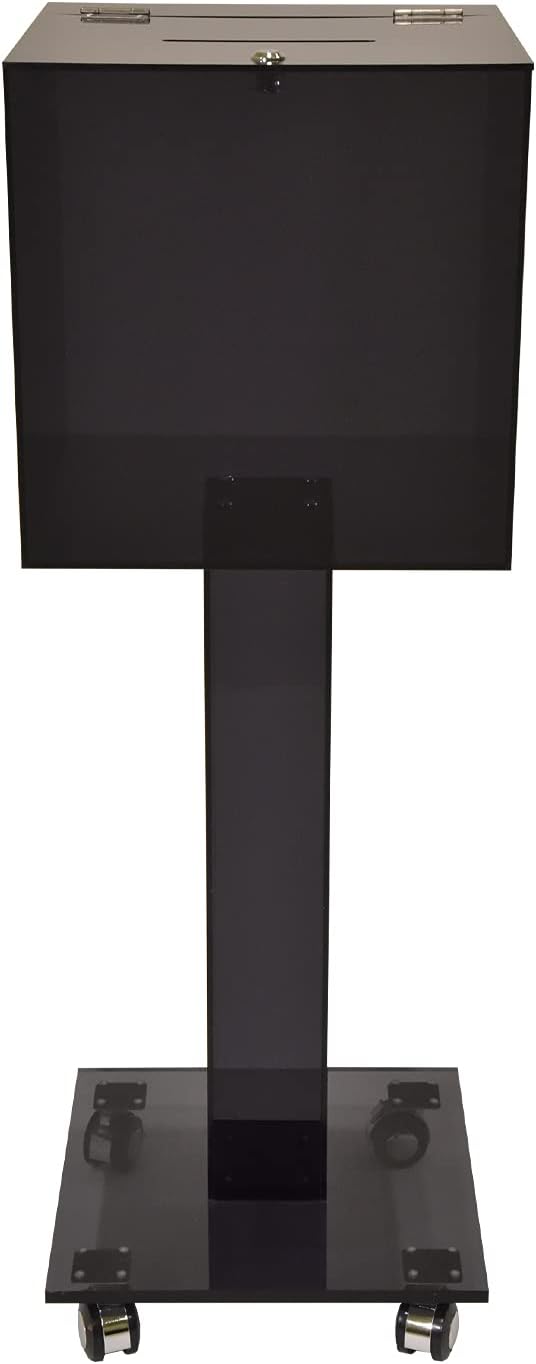 Kingdom Large Acrylic Collection or Donation Box with Casters for Easy Movement Plus a Lock and Keys so your Collections and Donations are kept Safely - Black/Smoky (Plain/Non-Personalized)