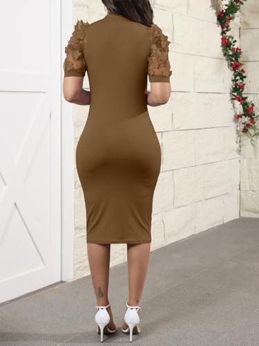 Image of Fastkoala Women's Elegant Ribbed Bodycon Dress Lace Short Sleeve Slim Fit Midi Dress Turtle Neck Night Club Party Dresses