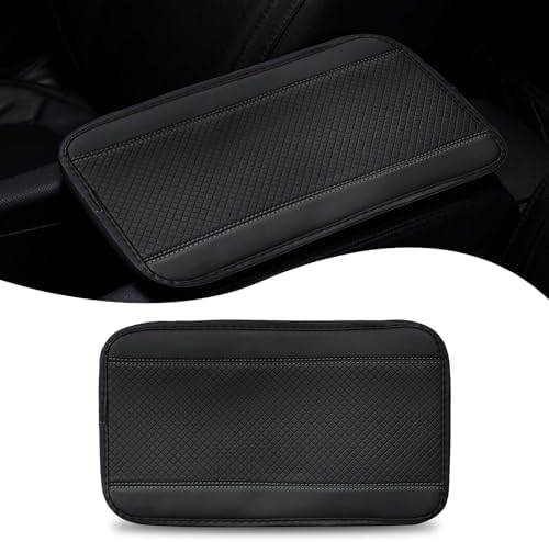 1 PC Car Center Console Armrest Box Mat, 12.5″ x 7.4″ Fiber Leather Embossed Double Line Anti-Slip Armrest Box Cover, Breathable Comfortable Protector for All Season, Universal for Car (Black)