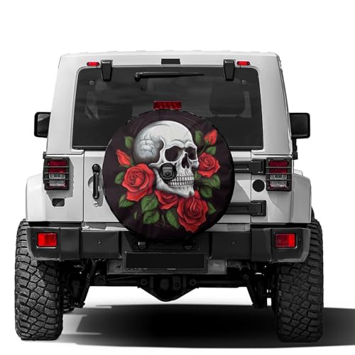 Dujiea Skull with Roses Spare Tire Cover with Backup Camera Hole, Universal Wheel Tire Cover Tire Protectors for Jeep Trailer RV Van SUV Truck Camper and Many Vehicle 17inch