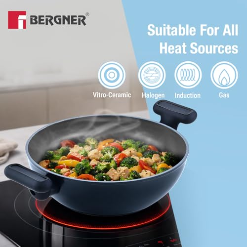Image of BERGNER Jade 24cm (2.5L) Kadai with Glass Lid, Ceramic Non-Stick Coating, Sturdy Soft Touch Handles, PFOA /PFAS /PTFE Free, Healthy Cooking, Forged Aluminium - Induction and Gas Stove Ready