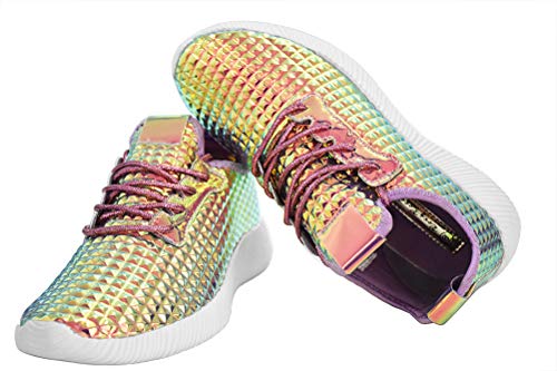 ROXY-ROSE Women Lightweight Metallic Hologram Laced Pyramid Leatherette Studded Jogger Casual Sneaker4