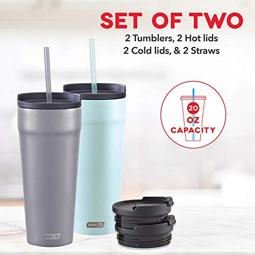 Image of Dash 20oz Tumbler with Spill-Proof Lid and Straw, Stainless Steel Vacuum Insulated Coffee Tumbler Cup, Double Wall Powder Coated Travel Mug (Pack of 2) - Grey /Aqua