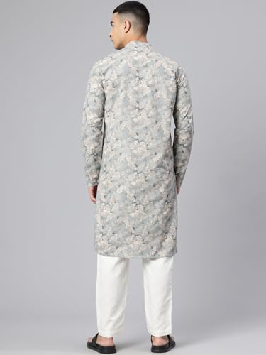 Image of Majestic Man Men's Regular Fit Ethnic Motifs Printed Pure Cotton Long Kurta with Mandarin Collar & Full Sleeves