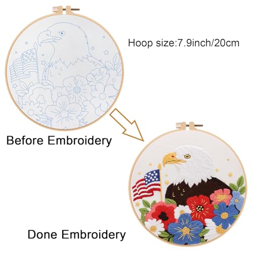 Image of Louise Maelys Bald Eagle Embroidery Kits for Beginners,Cross Stitch Kit with Adults,DIY Arts Craft with Stars and Stripes Flag and Flowers Pattern,Including Cloth,Hoop,Instructions and Threads