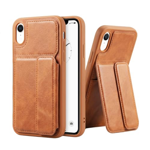 Image of amazon basics Luxury Vegan Leather Back Cover for iPhone XR | Built-in Card Holder Slot | Integrated Mobile Stand | Slim Shockproof Protective Case with Stitched Finish - Tan